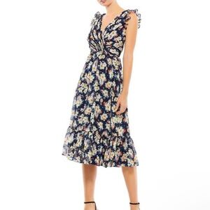 Mac Duggal Floral Midi Dress - Navy and Yellow